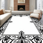 Black Rococo Scrollwork Floral Border Rug