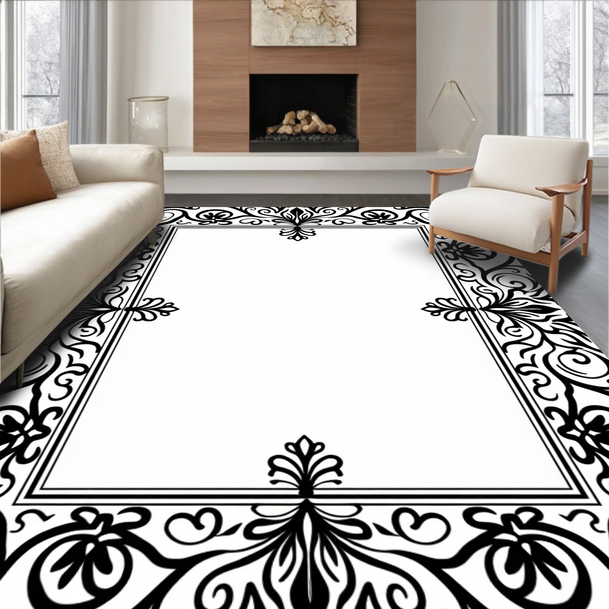 Black Rococo Scrollwork Floral Border Rug