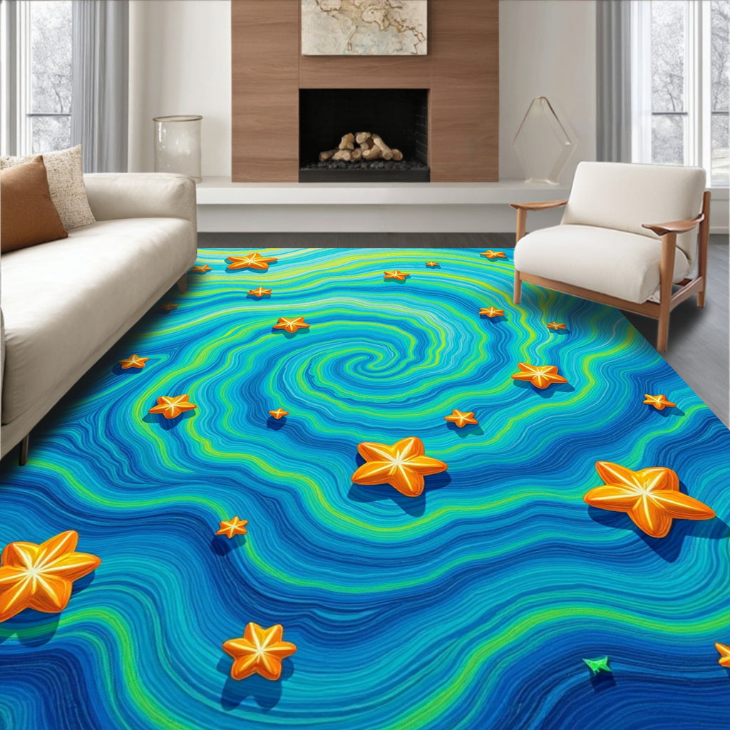 Whimsical Orange Star Swirl Ocean Rug