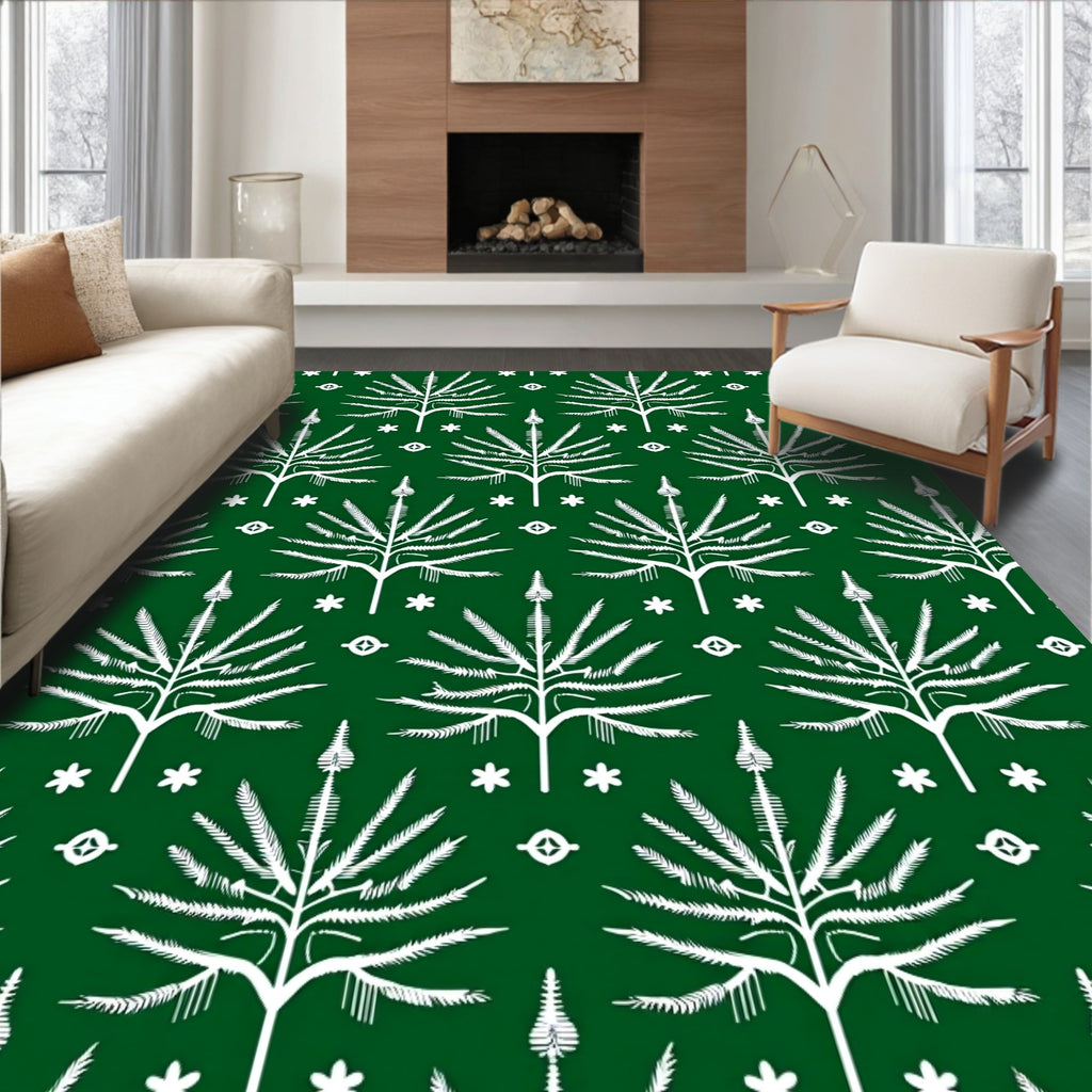 Deep Emerald White Stylized Palm Tree Rug