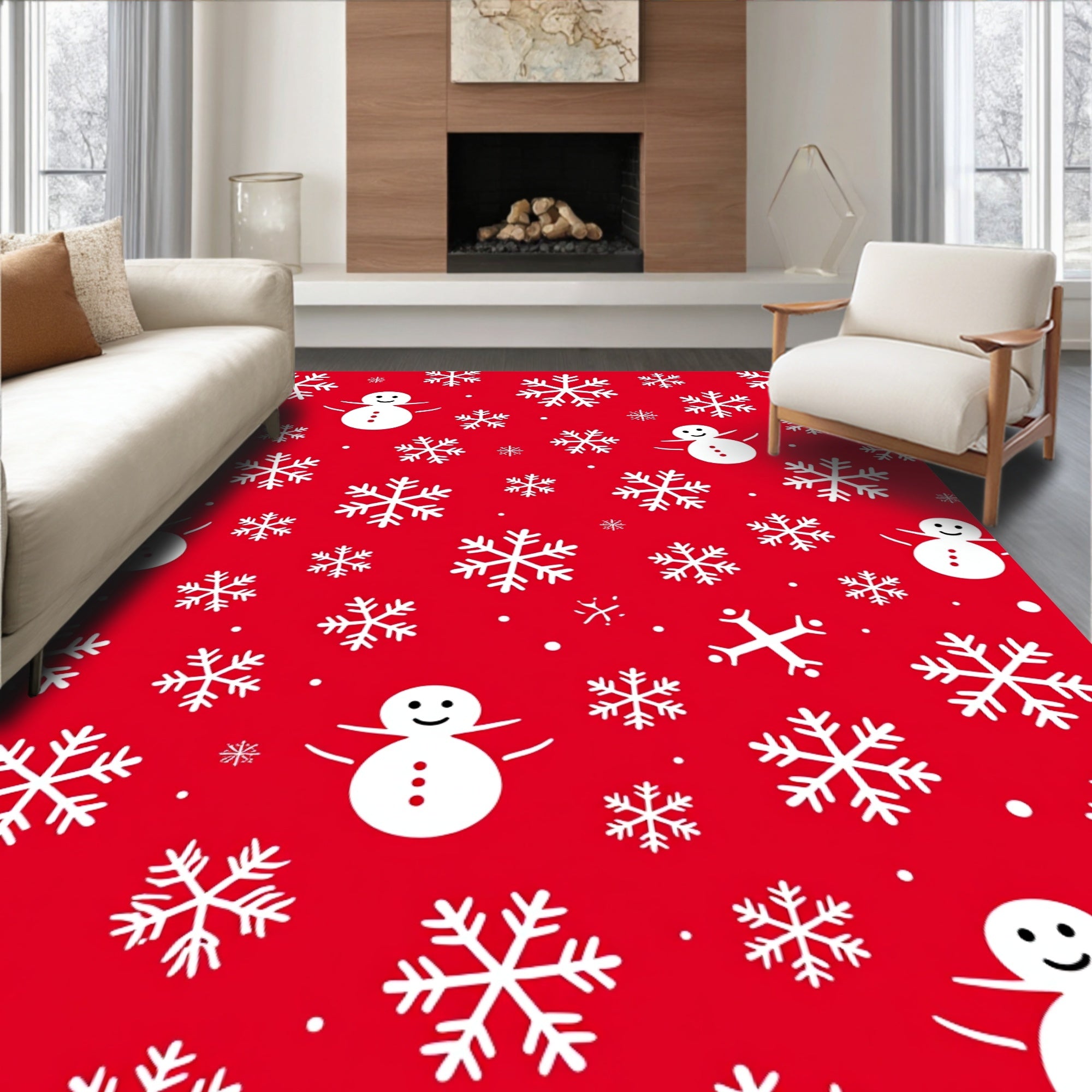 Red Snowman Snowflake Yuletide Repeating Rug