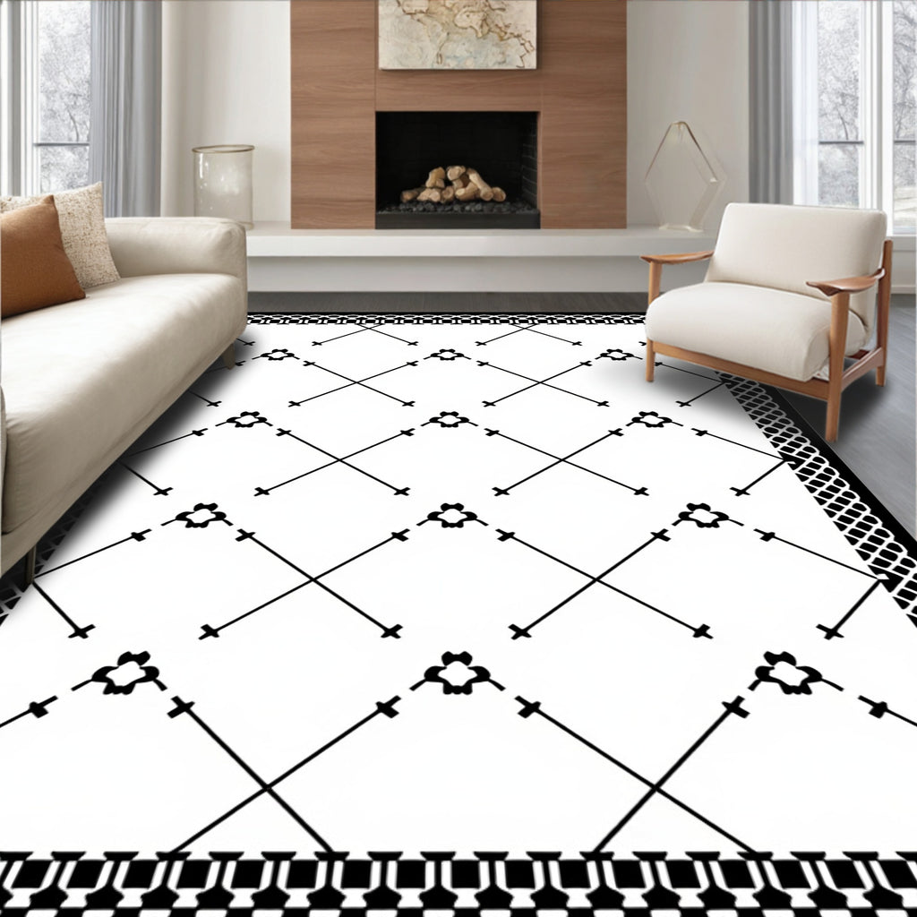 Black and White Geometric Diamond Lattice Rug