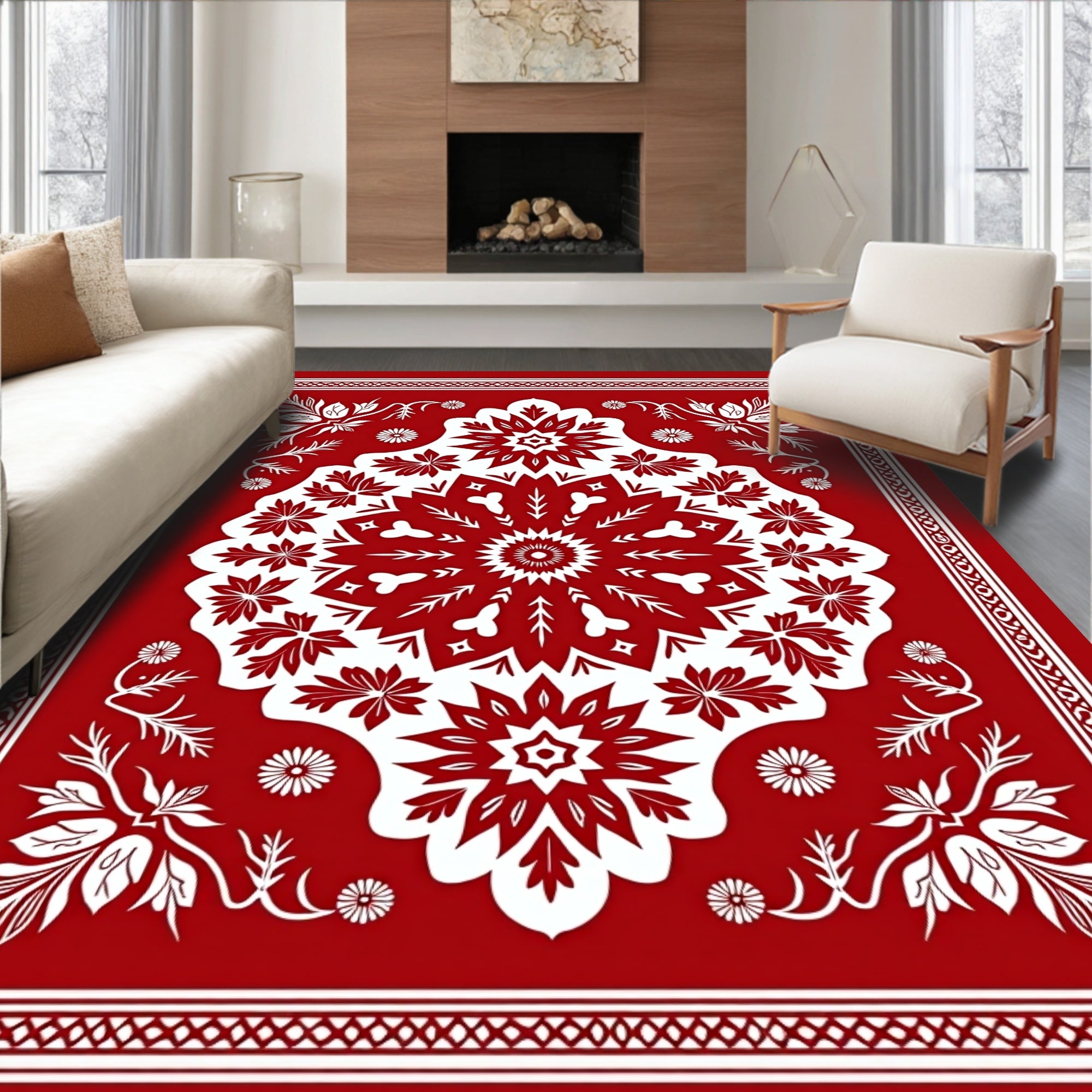 Bold Red Floral Mandala Medallion Rug