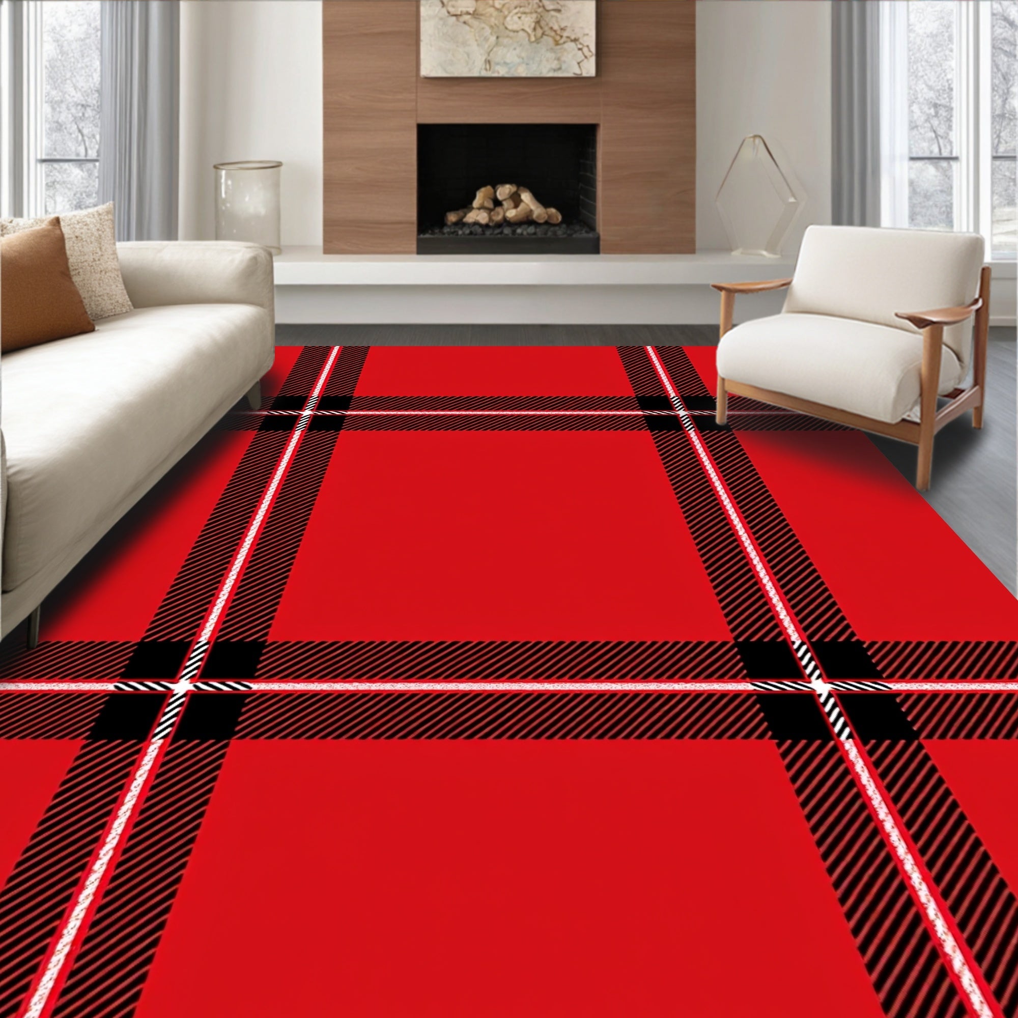 Bold Red Plaid Checkered Rug