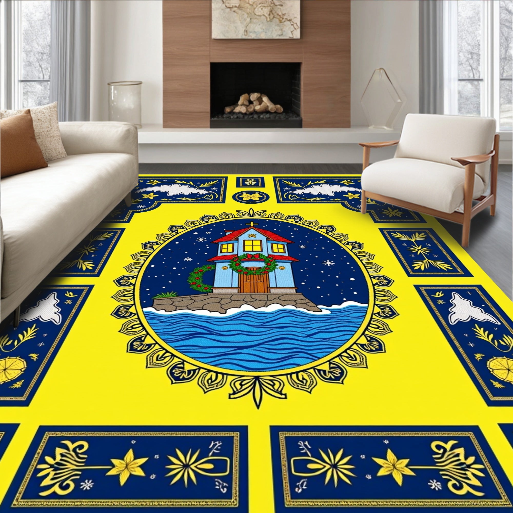 Blue House Yellow Festive Framing Rug