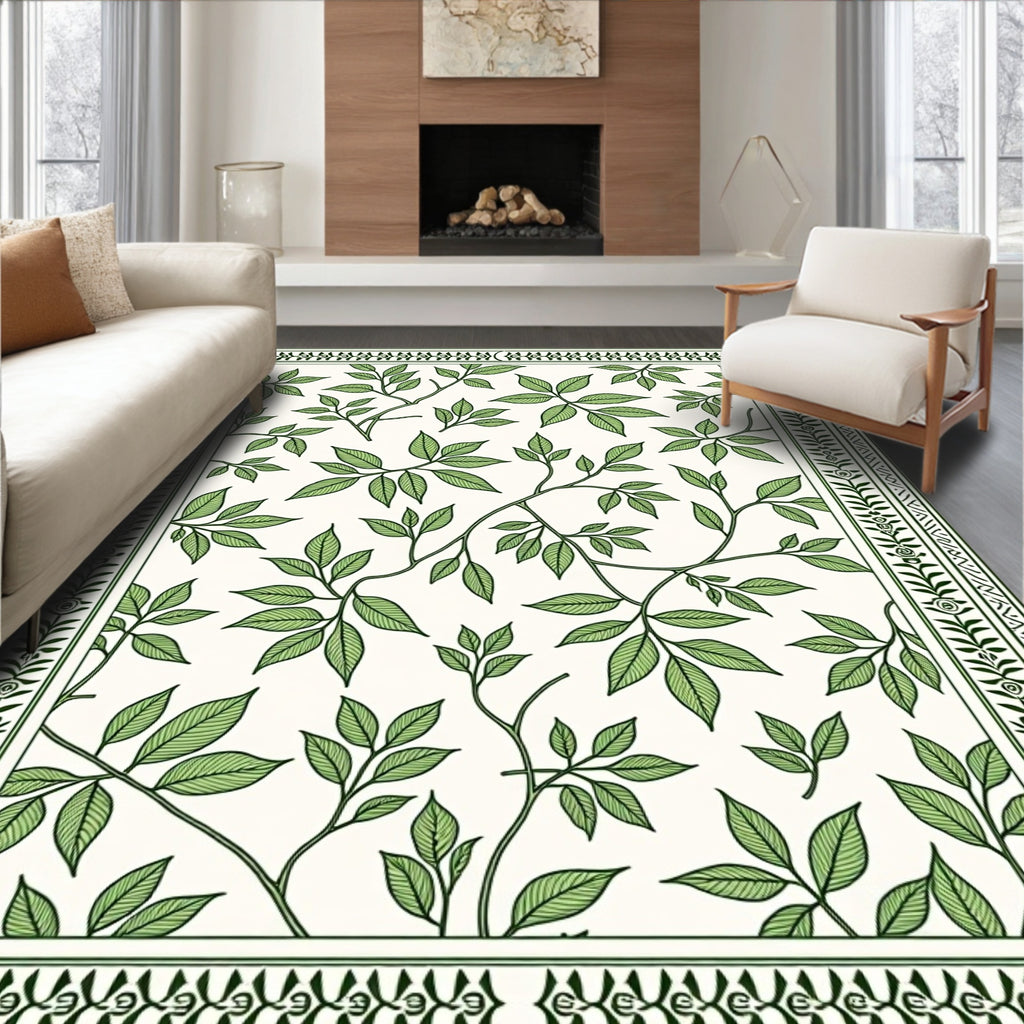 White Green Leaf Vine Botanical Border Rug