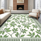 White Green Leaf Vine Botanical Border Rug