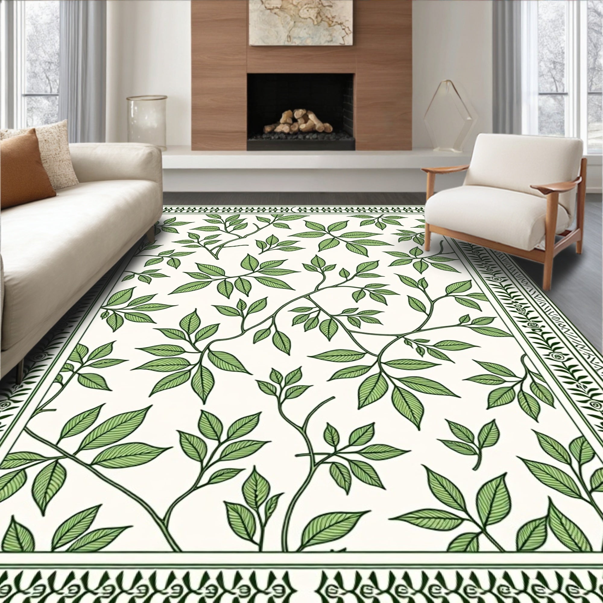 White Green Leaf Vine Botanical Border Rug