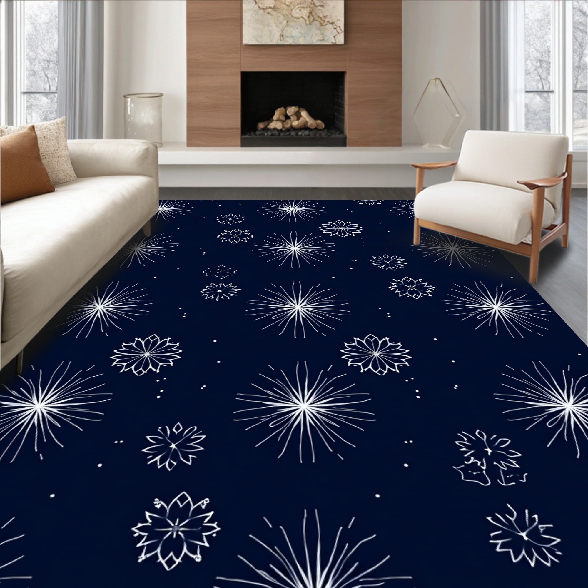 Dark Blue White Starburst Scatter Rug
