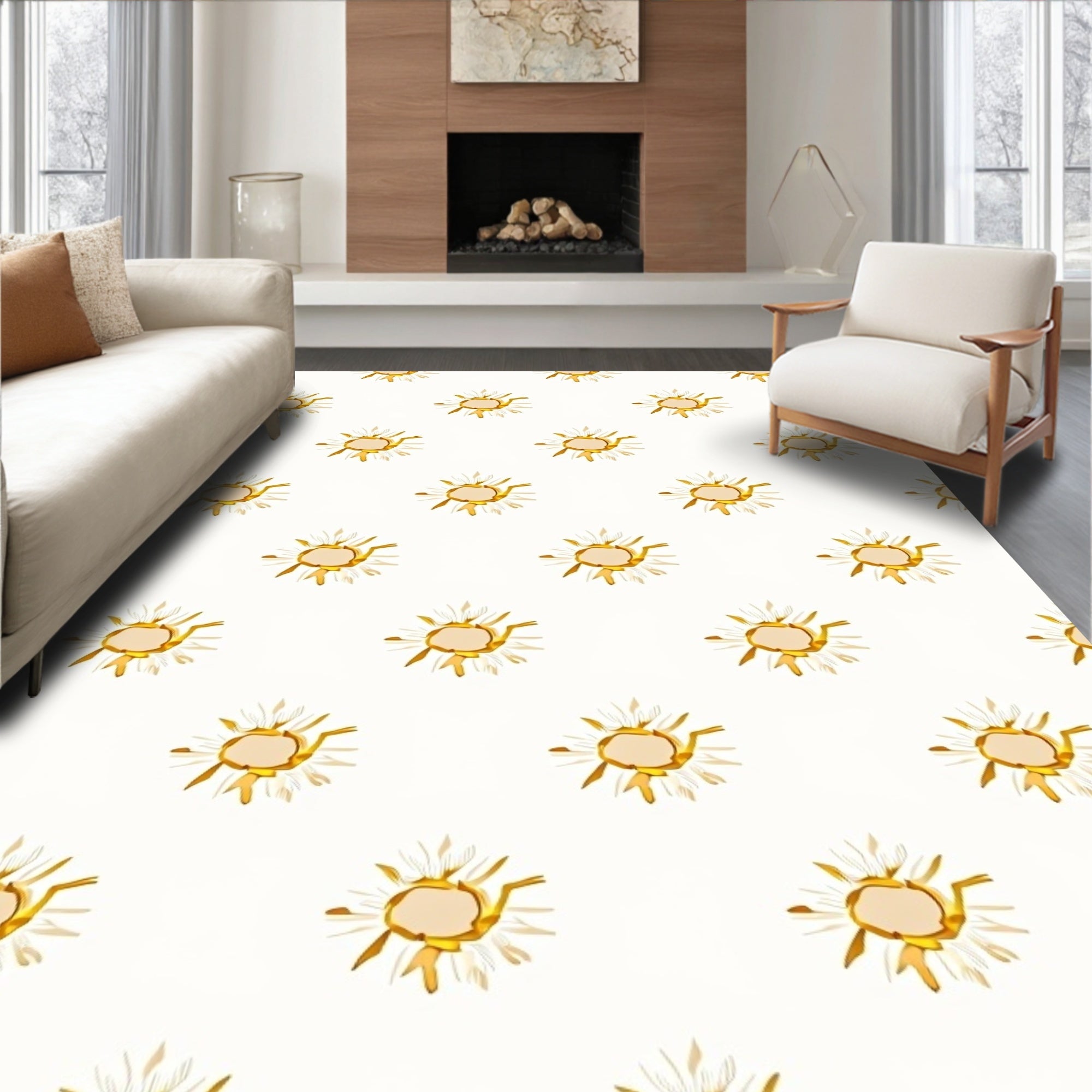Golden White Daisy Floral Repeat Rug