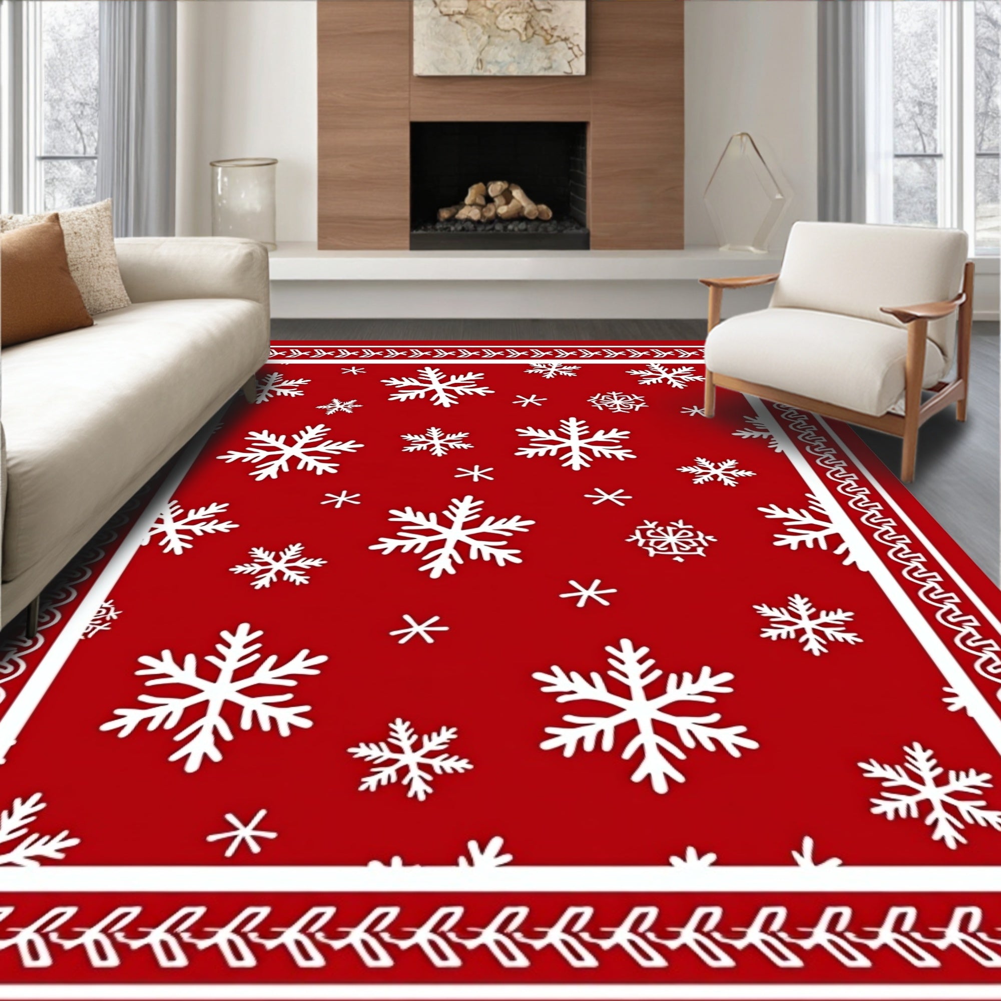 Red White Snowflakes Christmas Border Rug