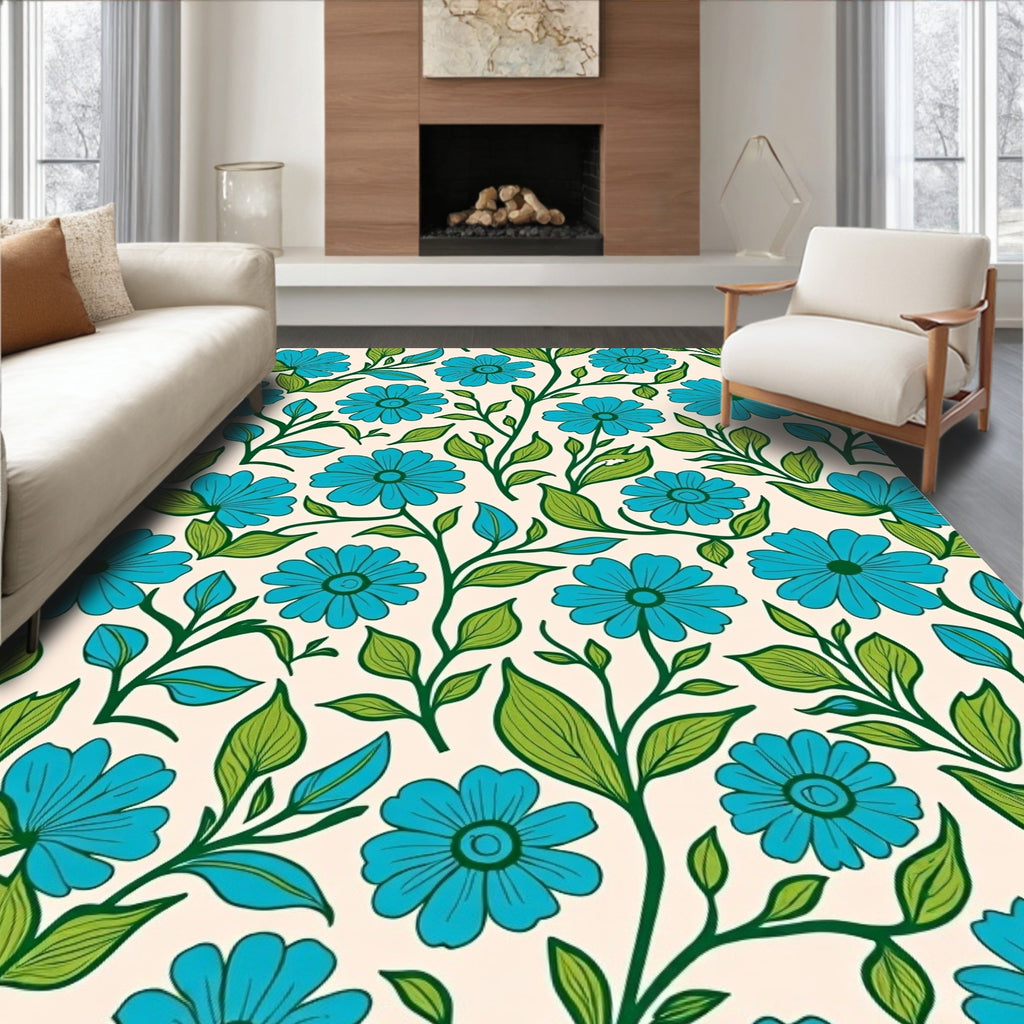 Retro Blue Floral Vine Cream Rug