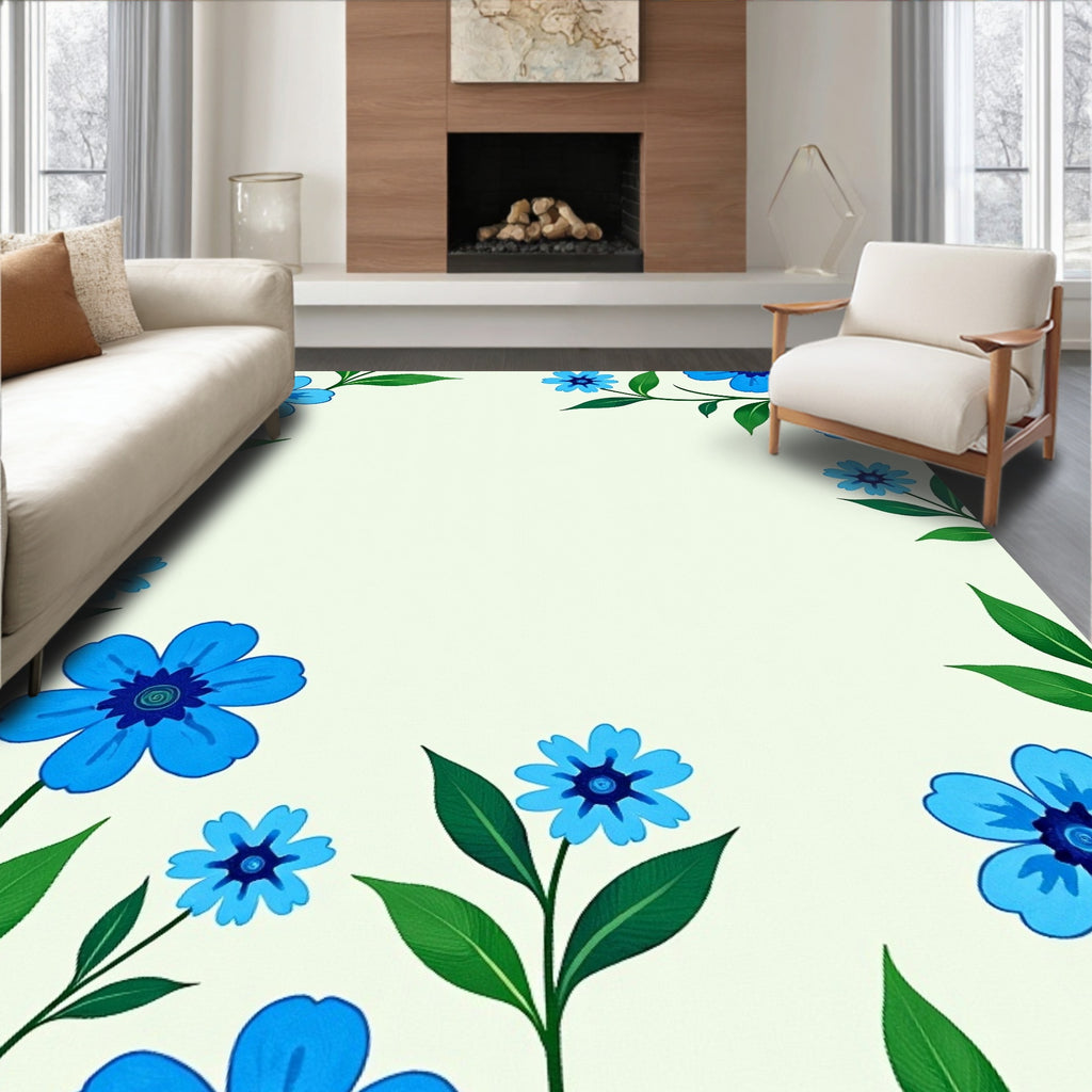 Vibrant Blue Floral Border Accent Rug