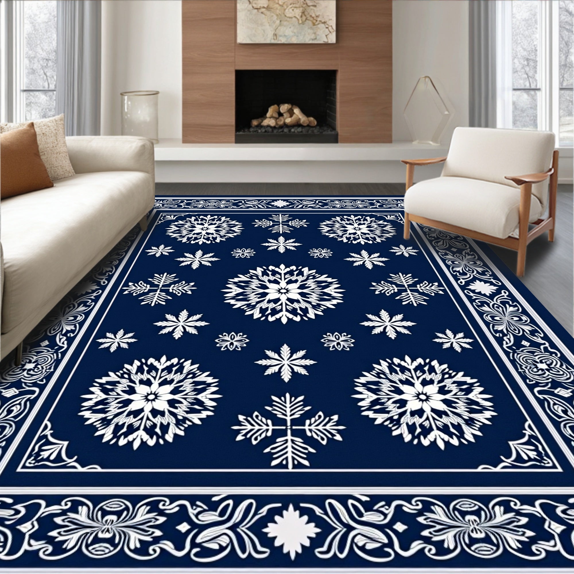 Deep Blue Snowflake Mandala Border Rug