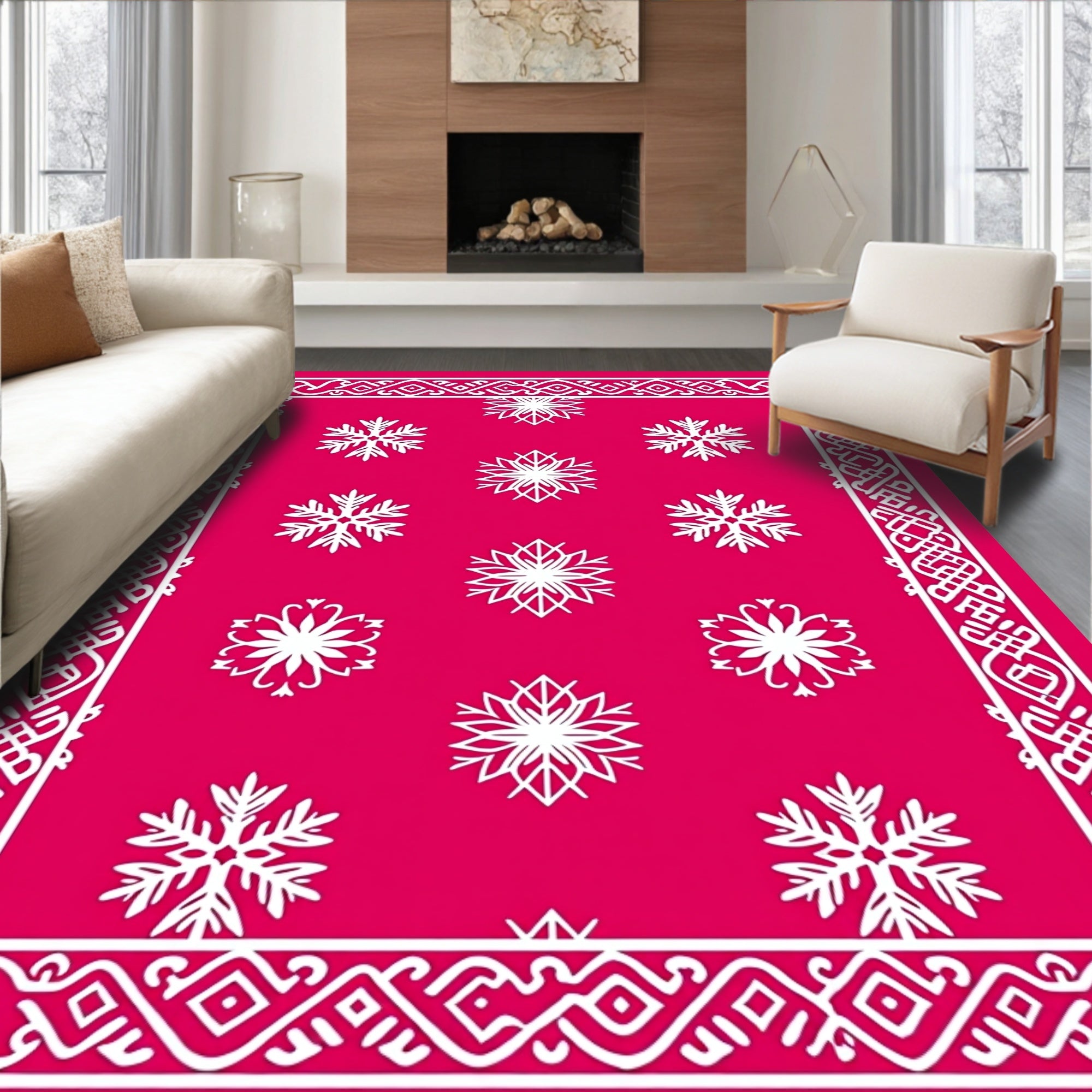 Fuchsia Snowflake Intricate Border Rug