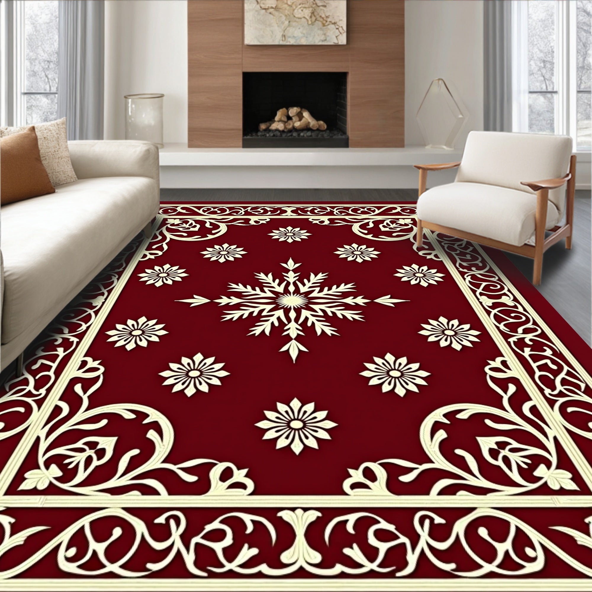 Crimson Floral Snowflake Border Rug