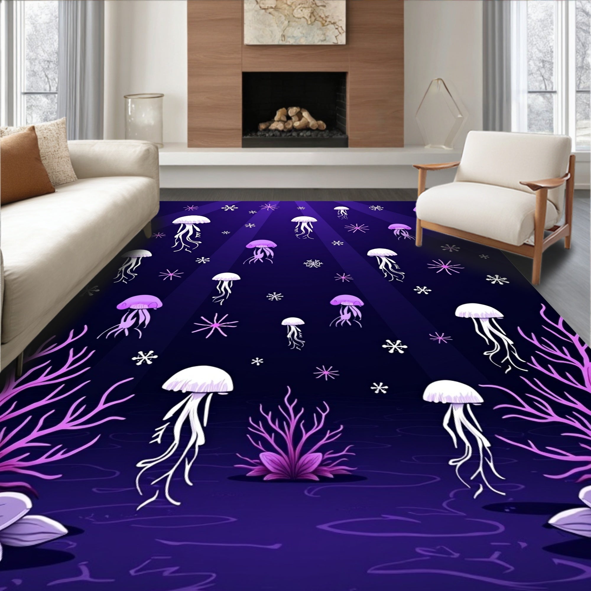 Deep Sea Jellyfish Under Purple Lights Rug