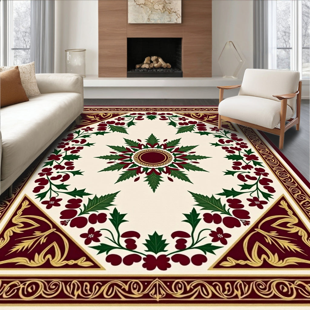 Deep Red Green Leaf Bloom Corner Rug