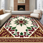 Deep Red Green Leaf Bloom Corner Rug