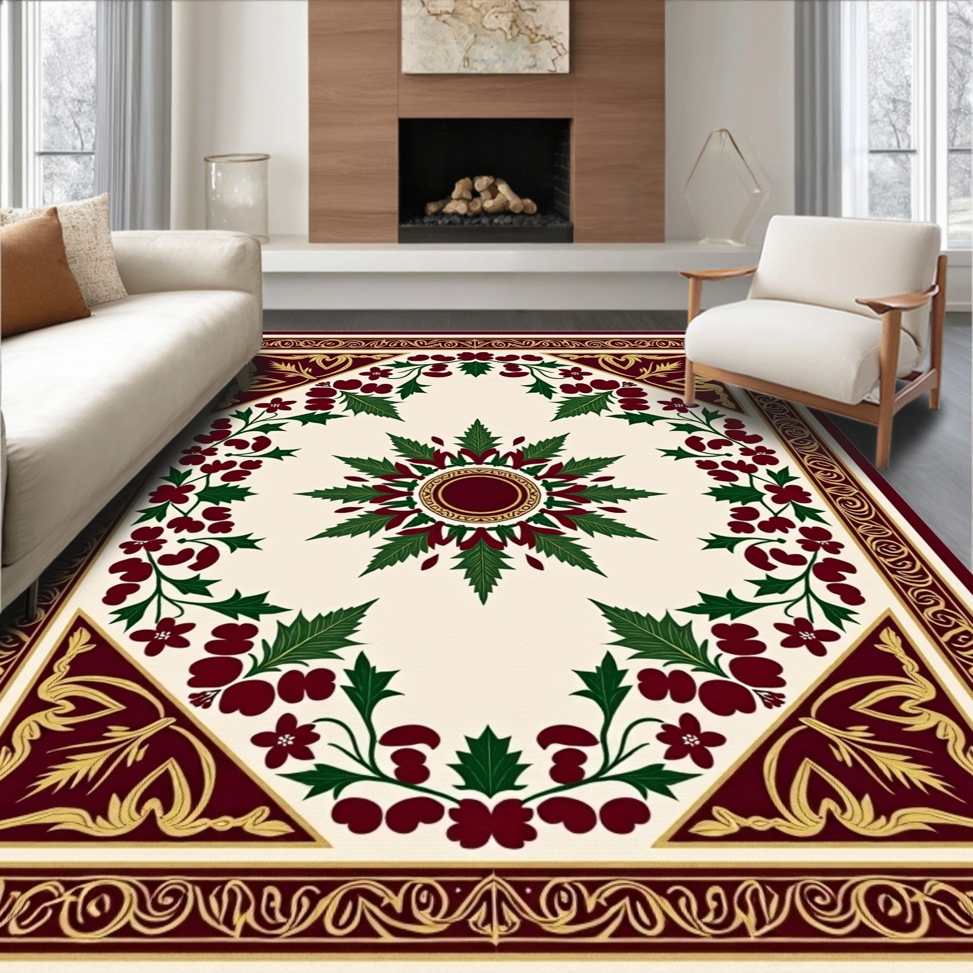 Deep Red Green Leaf Bloom Corner Rug