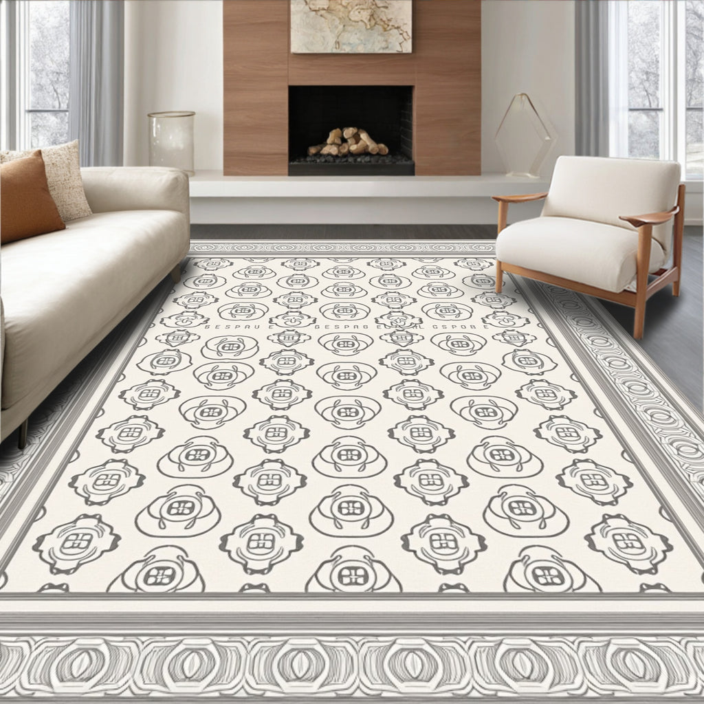Elegant Gray Oval Medallion Border Rug
