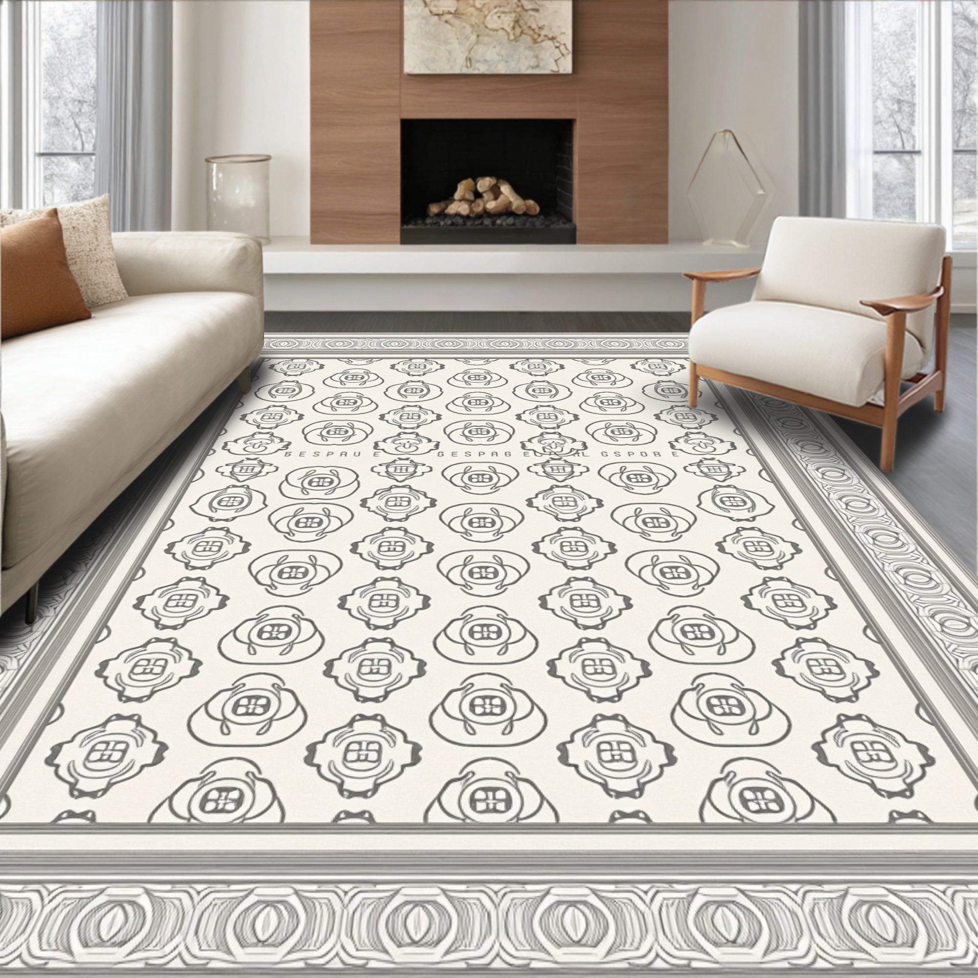 Elegant Gray Oval Medallion Border Rug