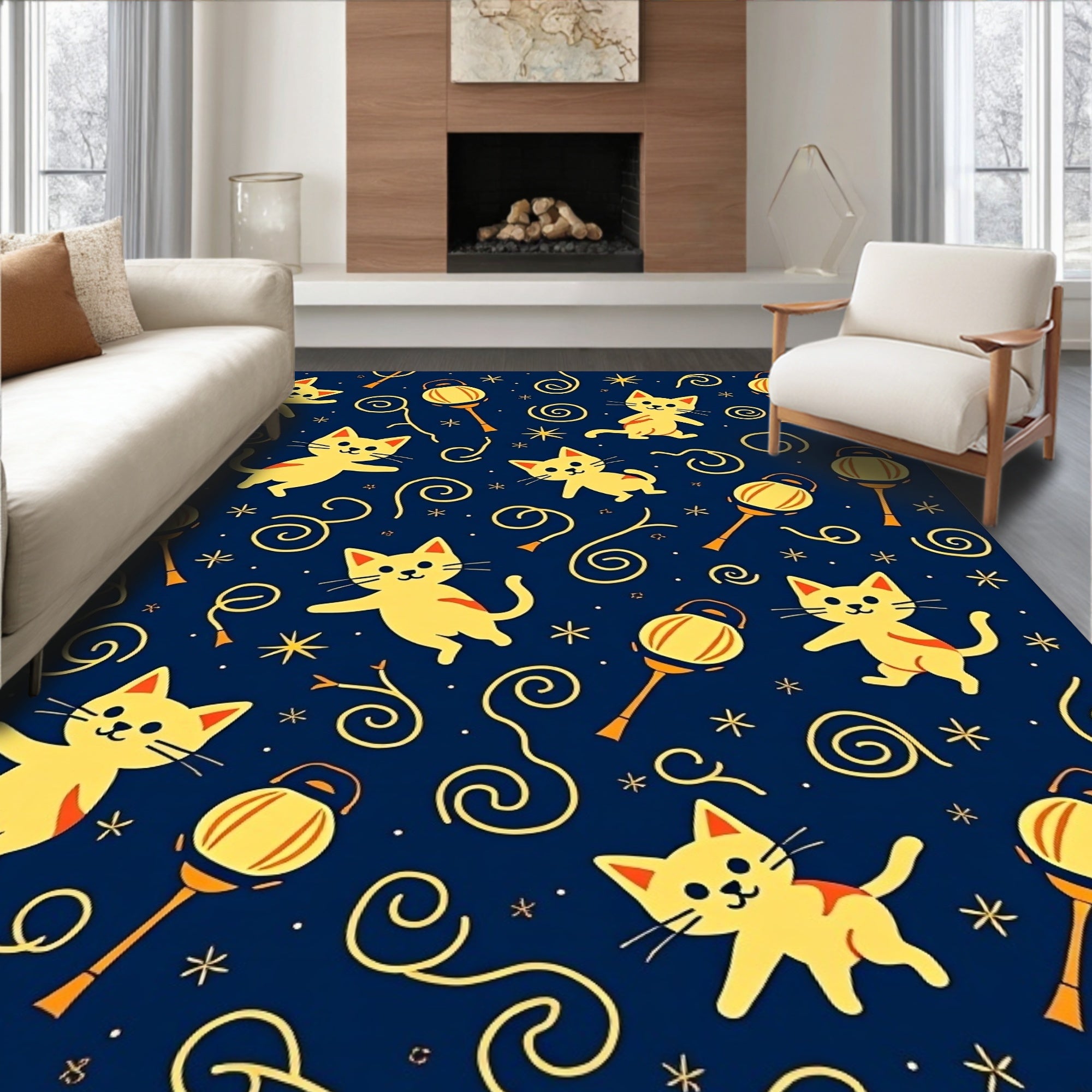 Cute Yellow Cats and Lanterns Rug