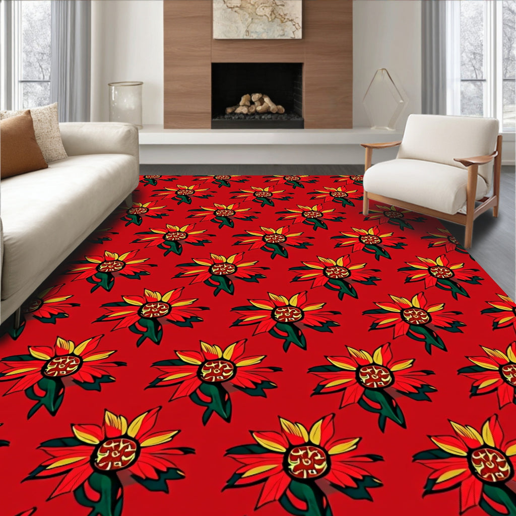 Vibrant Red Yellow Floral Arrangement Rug