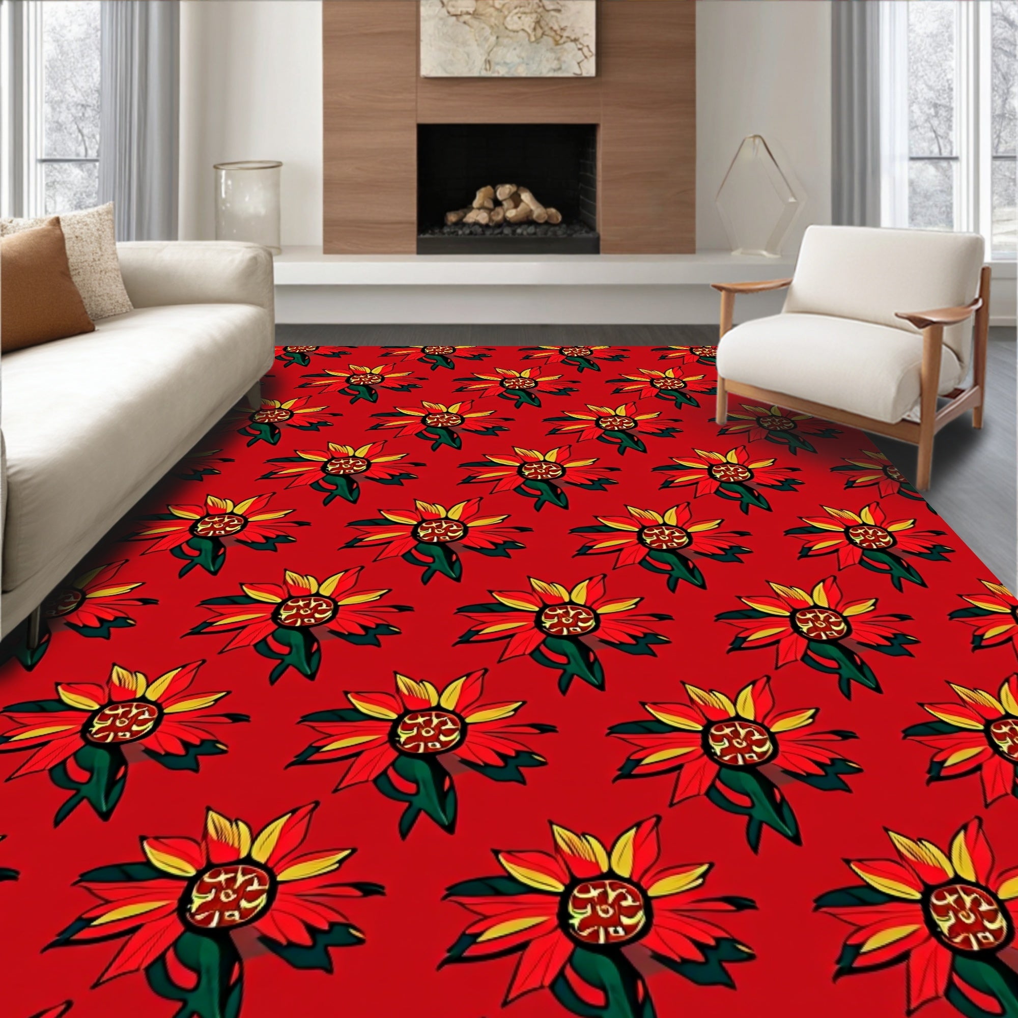 Vibrant Red Yellow Floral Arrangement Rug