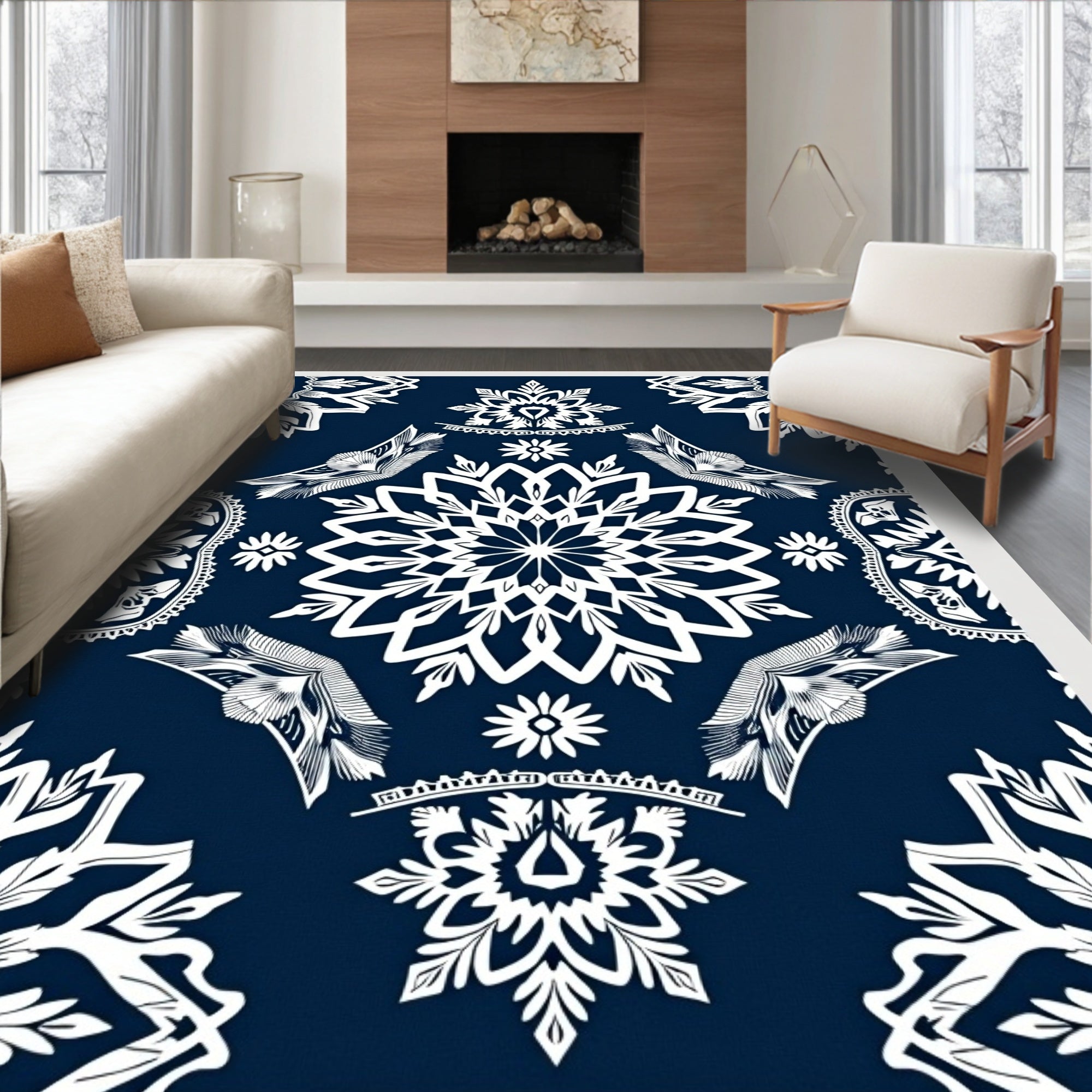 Midnight Navy White Floral Medallion Rug