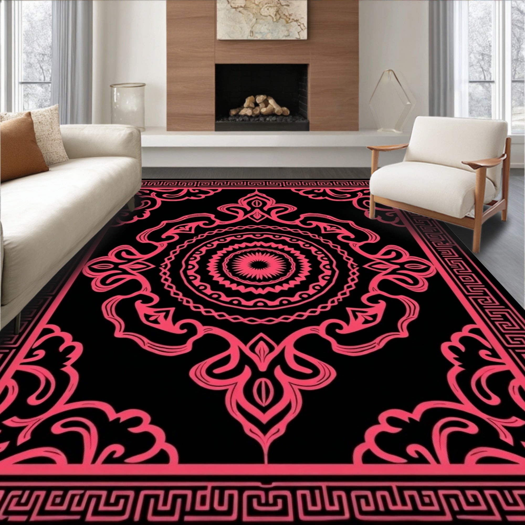Fuchsia Ornamental Medallion Black Frame Rug