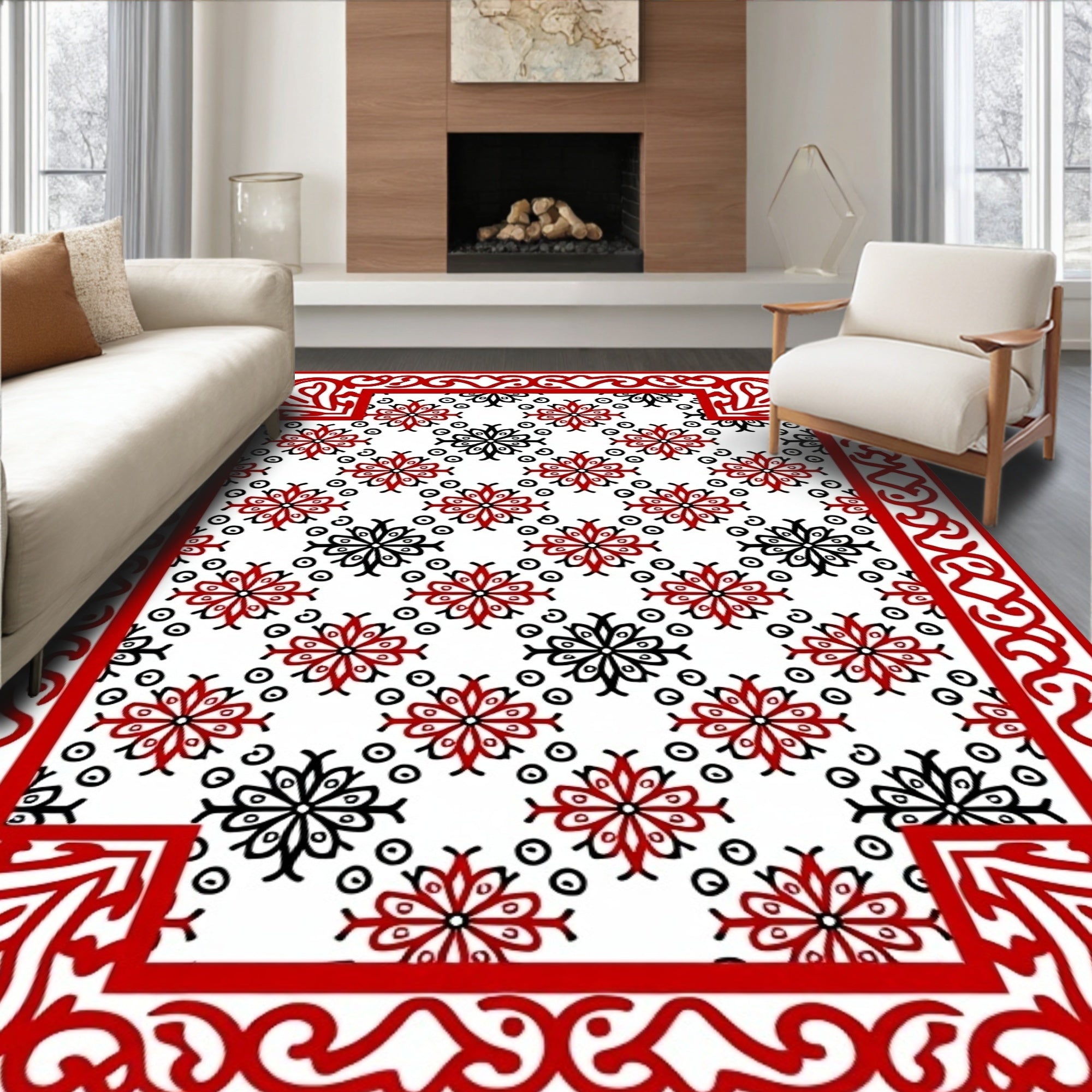 Red Black Floral Medallion Border Rug