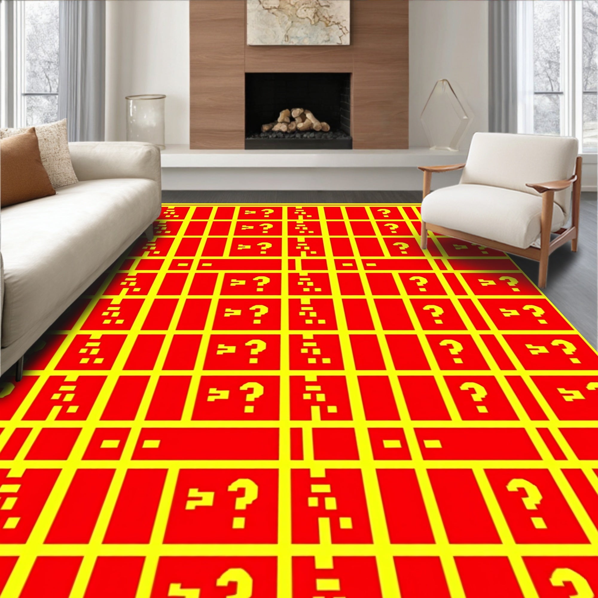 Bold Red Yellow Glitch Grid Rug