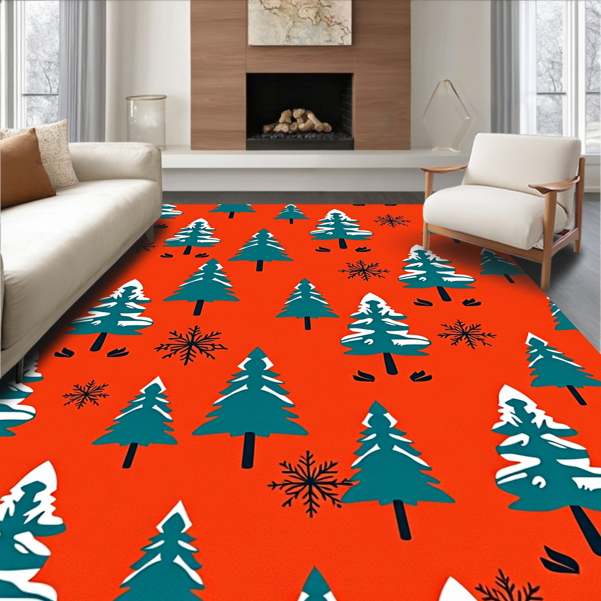 Teal Snow-Dusted Pineflakes On Orange Rug