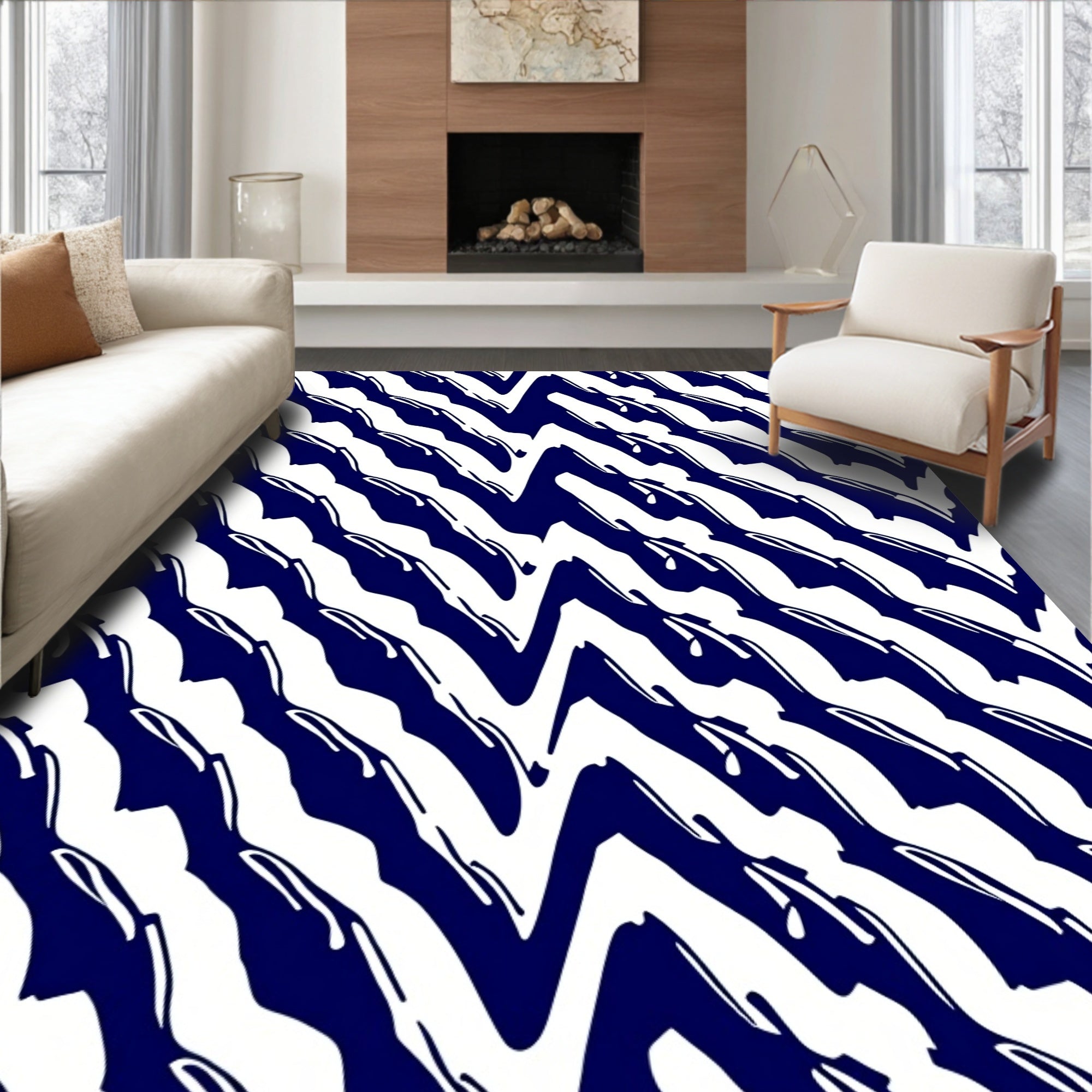Navy White Jagged Stripe Accent Rug
