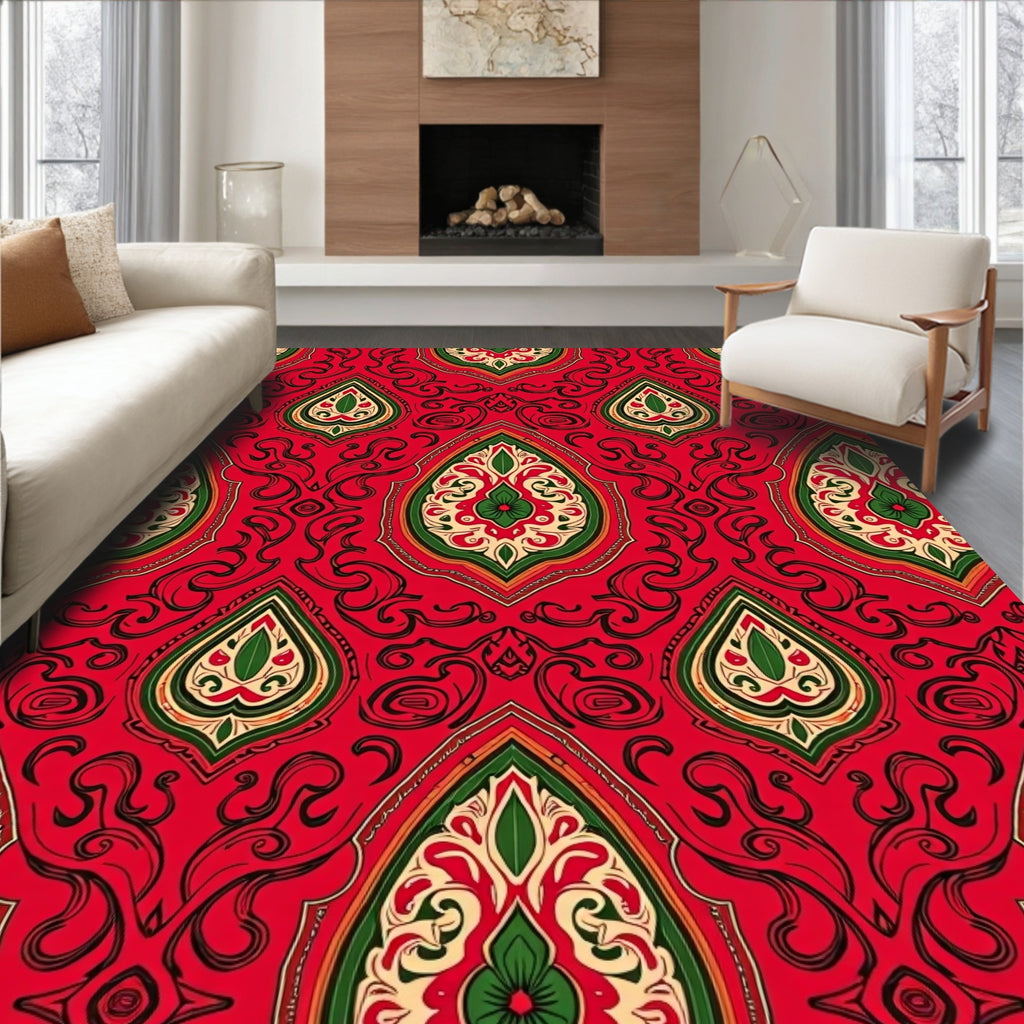 Crimson Emerald Arabesque Scroll Rug