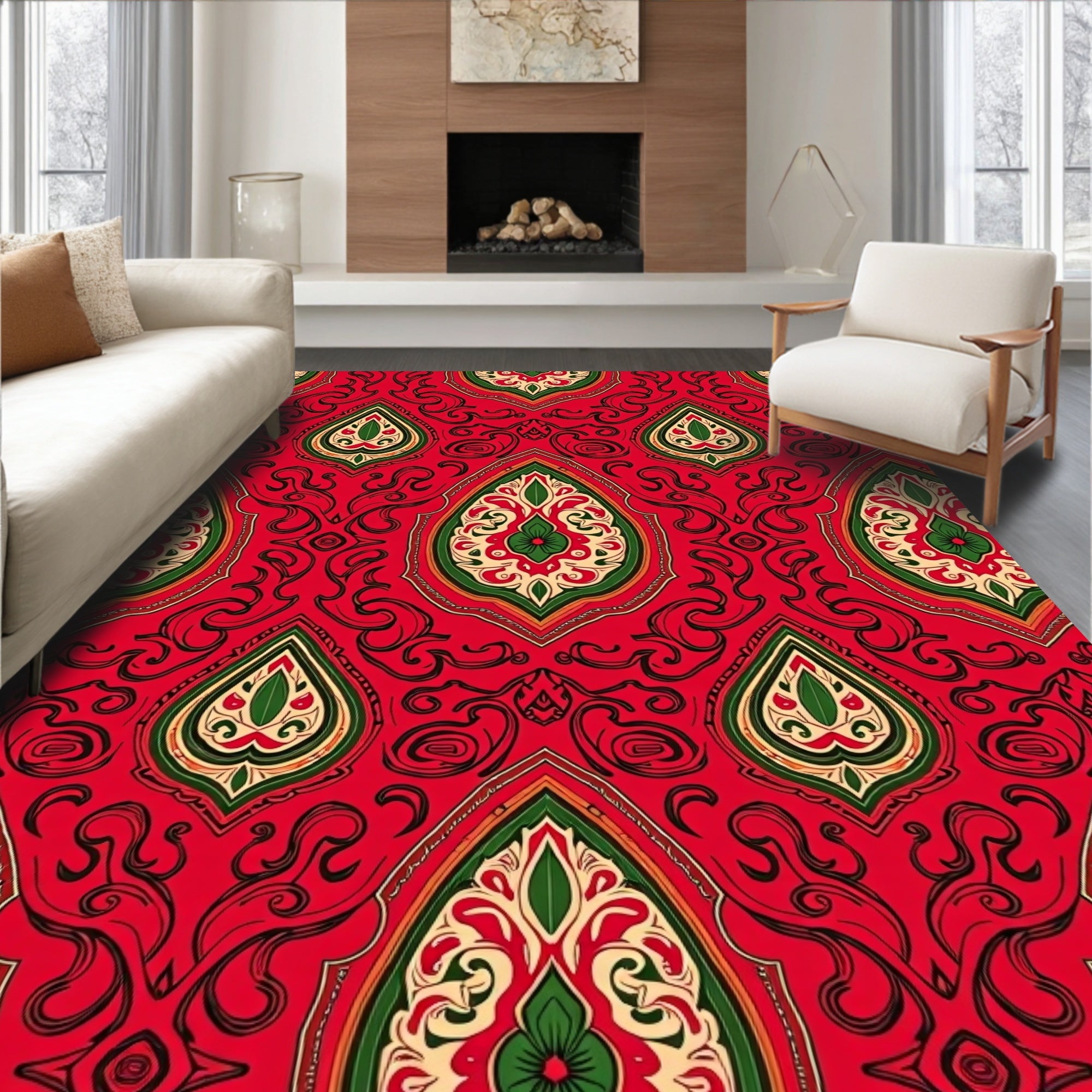 Crimson Emerald Arabesque Scroll Rug