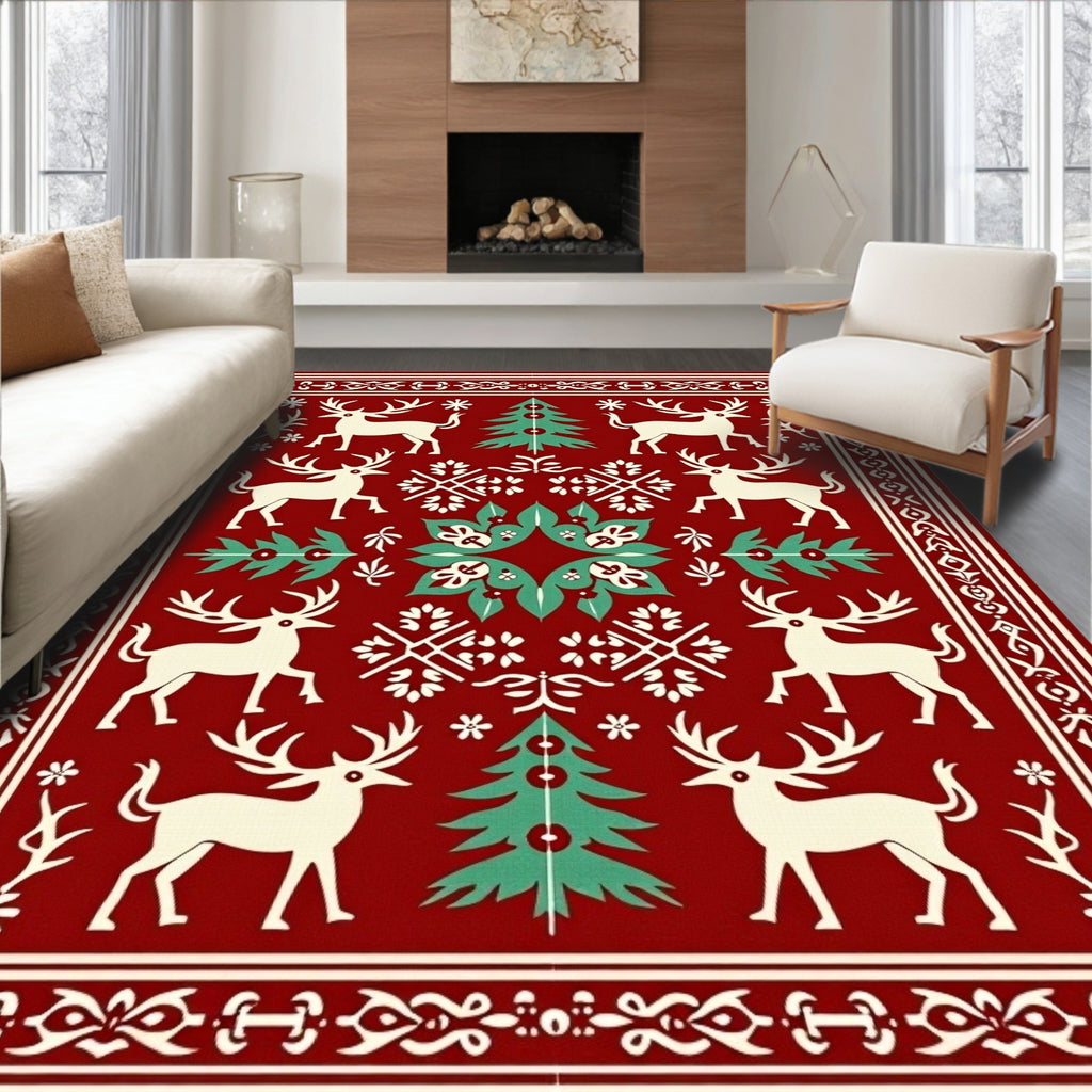 Cream Deer And Teal Evergreen Holiday Rug