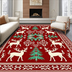 Cream Deer And Teal Evergreen Holiday Rug