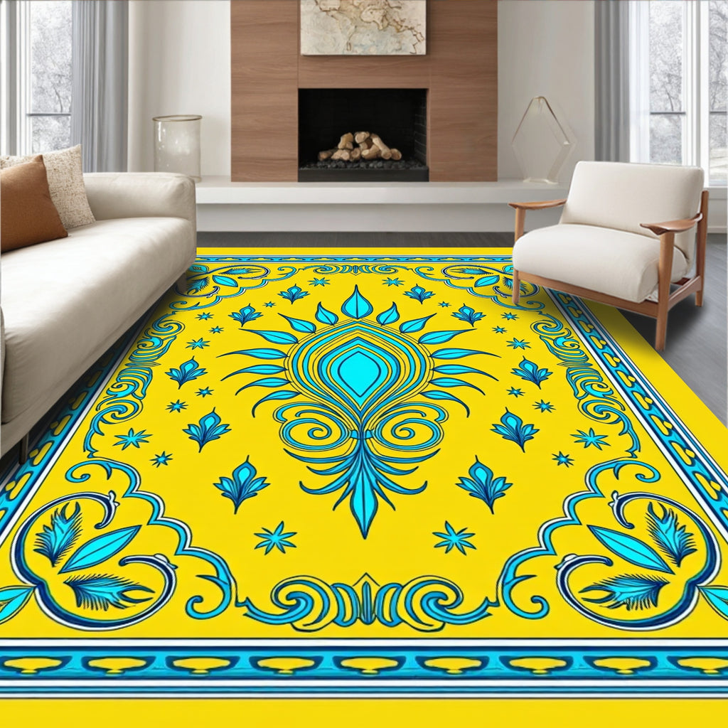 Bright Yellow Aqua Floral Crest Rug
