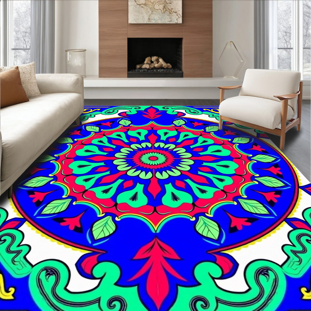 Vibrant Blue Red Green Floral Mandala Rug