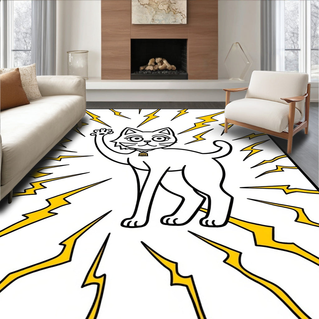 Whimsical White Cat Yellow Lightning Burst Rug