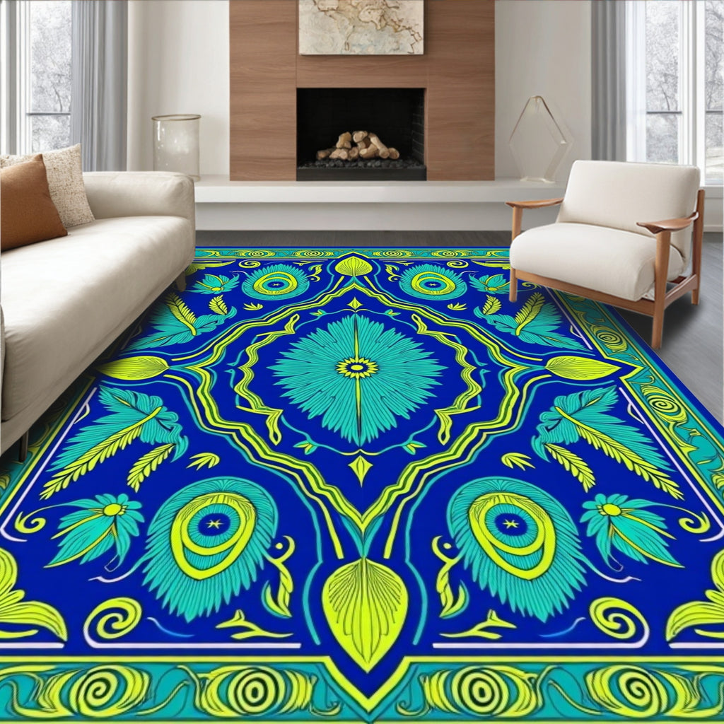 Royal Blue Teal Yellow Floral Medallion Rug