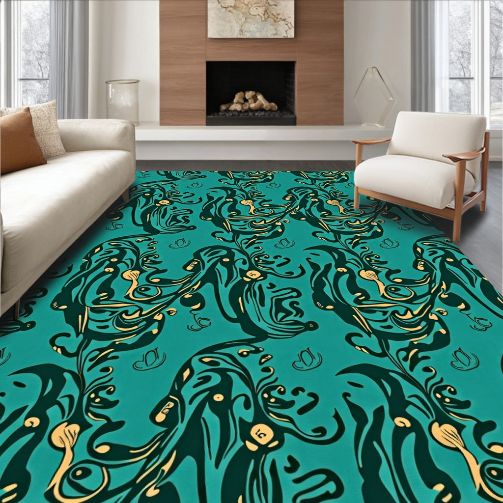 Teal And Gold Abstract Swirling Vines Rug