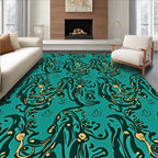 Teal And Gold Abstract Swirling Vines Rug