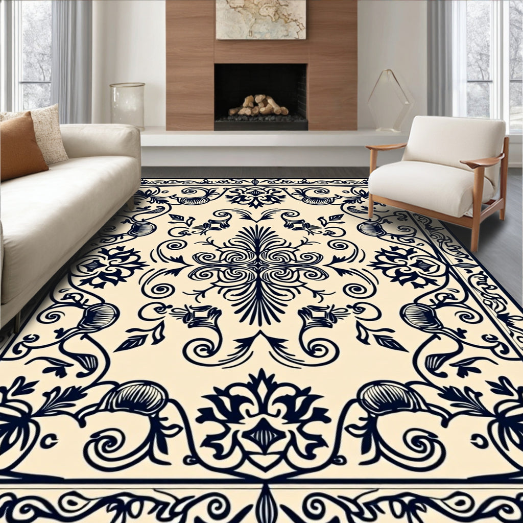 Black and Cream Damask Floral Border Rug