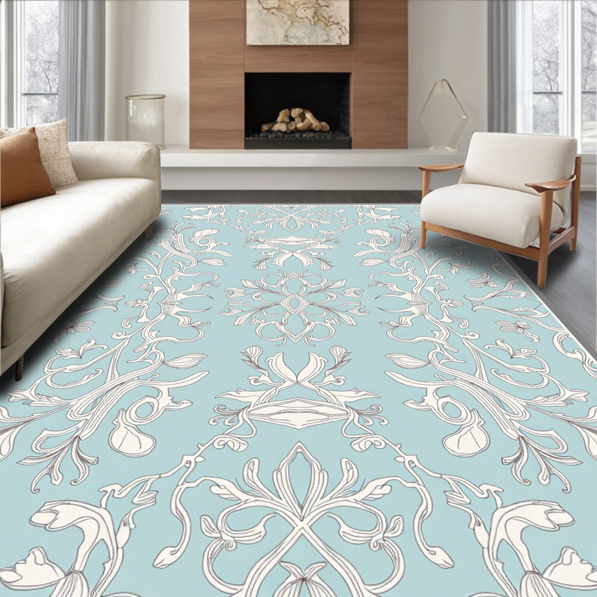 Light Blue White Floral Arabesque Swirl Rug