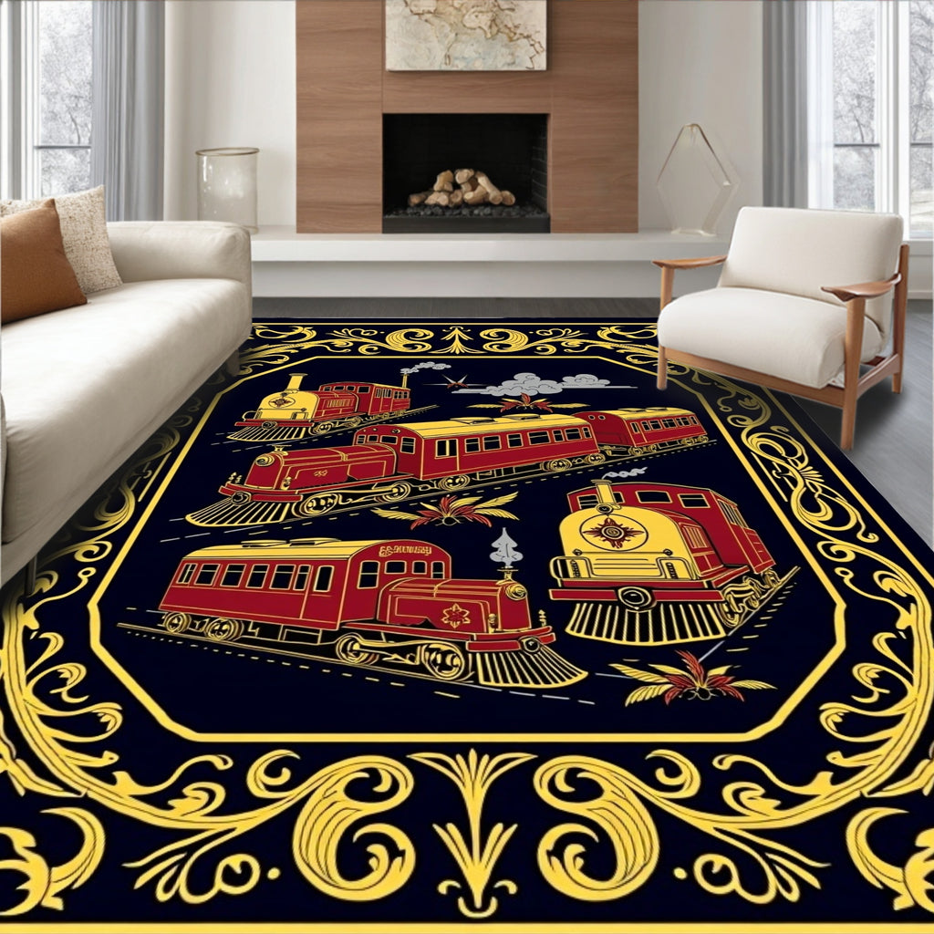 Vintage Red Gold Train Scene Rug