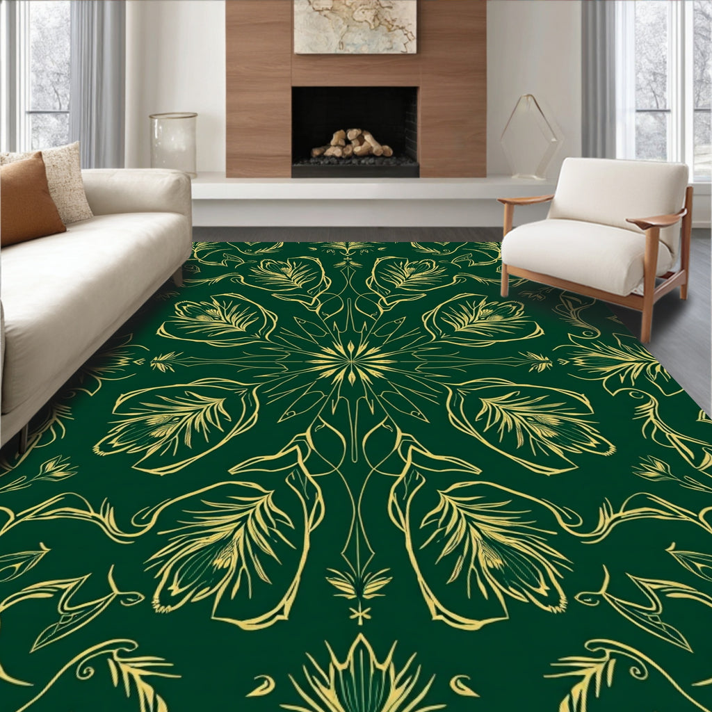 Emerald Green Golden Floral Mandala Rug
