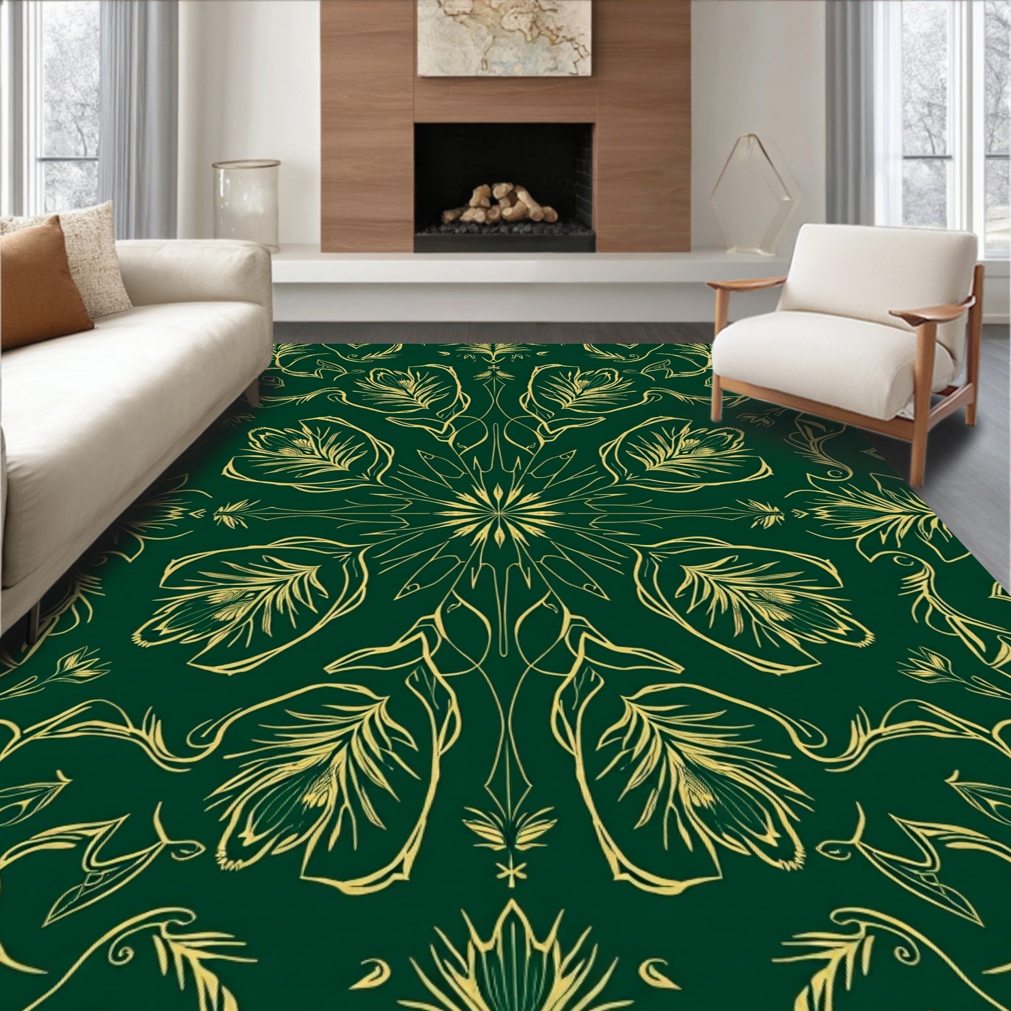Emerald Green Golden Floral Mandala Rug